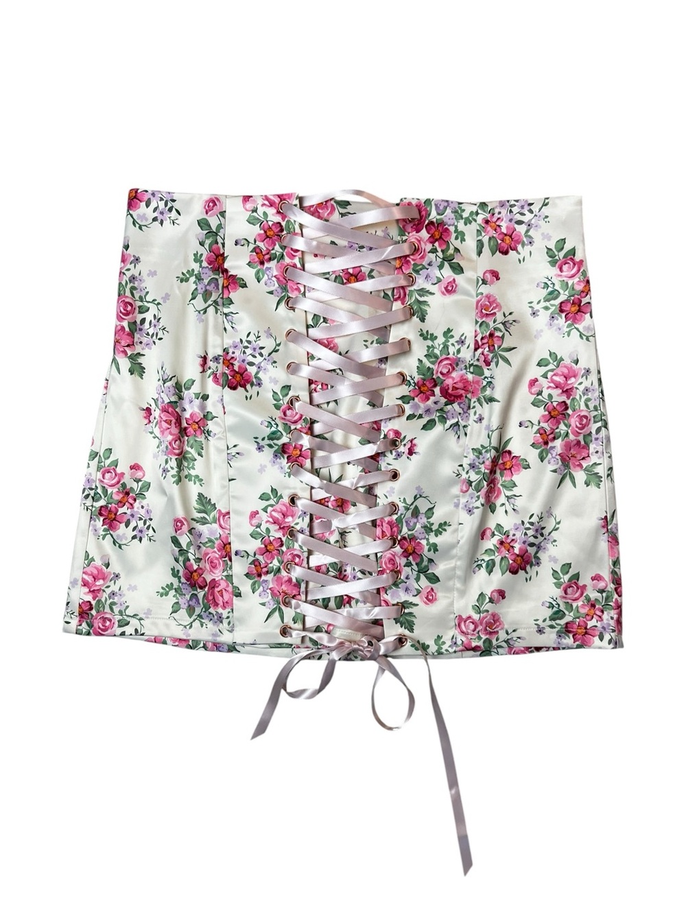 Sugar Thrillz Satin Lace Up Floral Mini Skirt Cottagecore Y2K